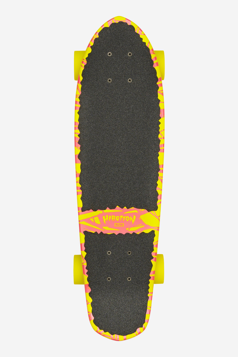 Top view of Blazer Cruiserboard 26 deck in Lazer Roo neon pink and yellow with black grip tape and bright yellow trucks