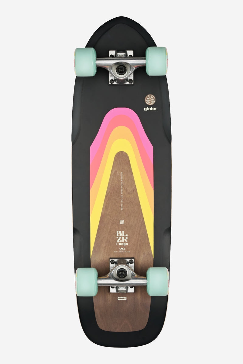 Top-down view of Blazer Fuego Cruiserboard 29 with black deck and bold rainbow arc graphic and mint wheels