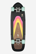 Top-down view of Blazer Fuego Cruiserboard 29 with black deck and bold rainbow arc graphic and mint wheels