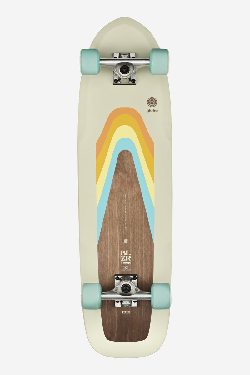 Top view of Blazer Fuego cruiserboard 32 inch with cream deck pastel rainbow graphic and mint wheels