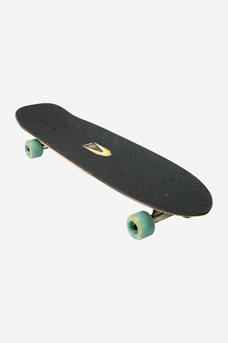 Blazer Fuego Cruiserboard 32 Horizon deck with black grip tape and mint green wheels on white background
