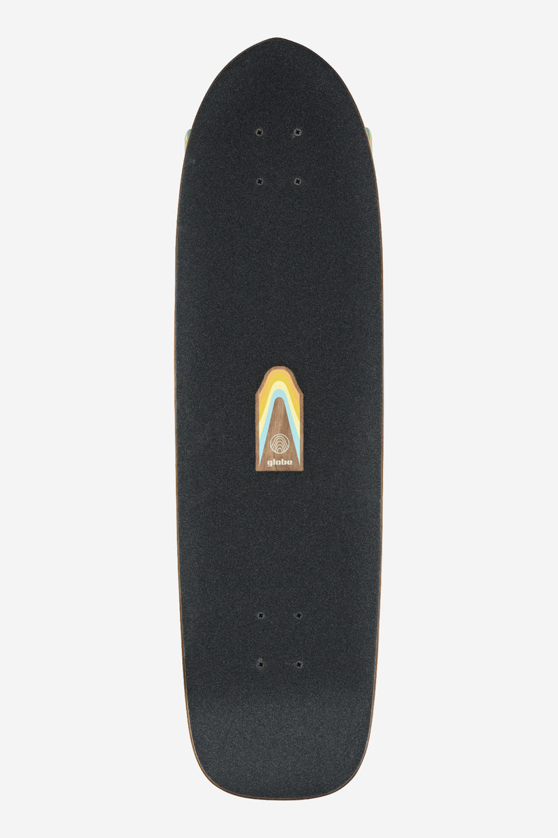 Top view of Blazer Fuego Cruiserboard 32 Horizon with black grip tape and multicolor rainbow graphic near the tail