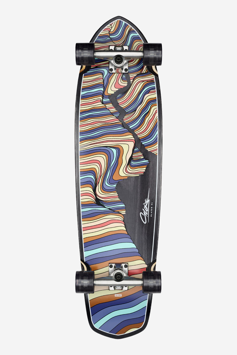 Flow edition Blazer XL longboard deck with psychedelic multicolor wave artwork and black edges mounted with trucks and wheels