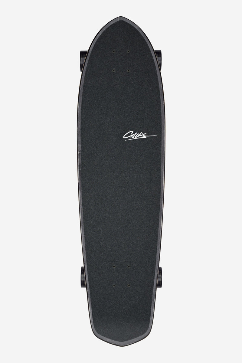 Top view of Blazer XL Flow longboard deck with dark grip tape and white logo