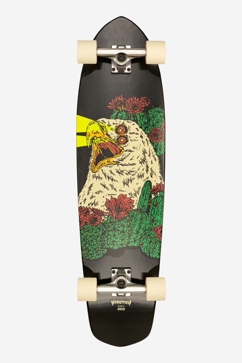 Blazer XL 36 longboard in Lazer Eagle top view showing a black deck with bold eagle and cactus artwork and pale wheels