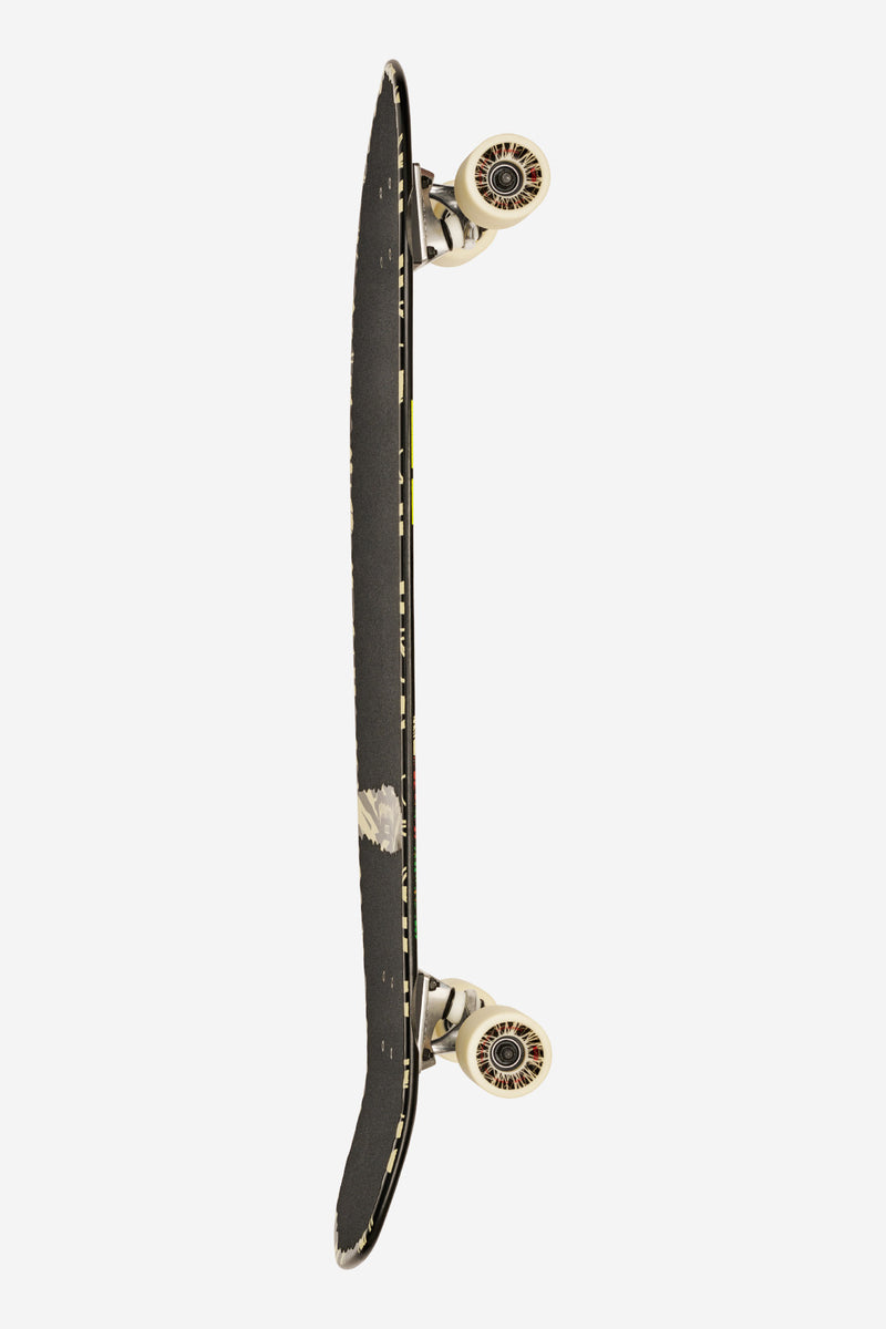 Side view of Blazer XL 36 longboard showing the black top art and cream wheels
