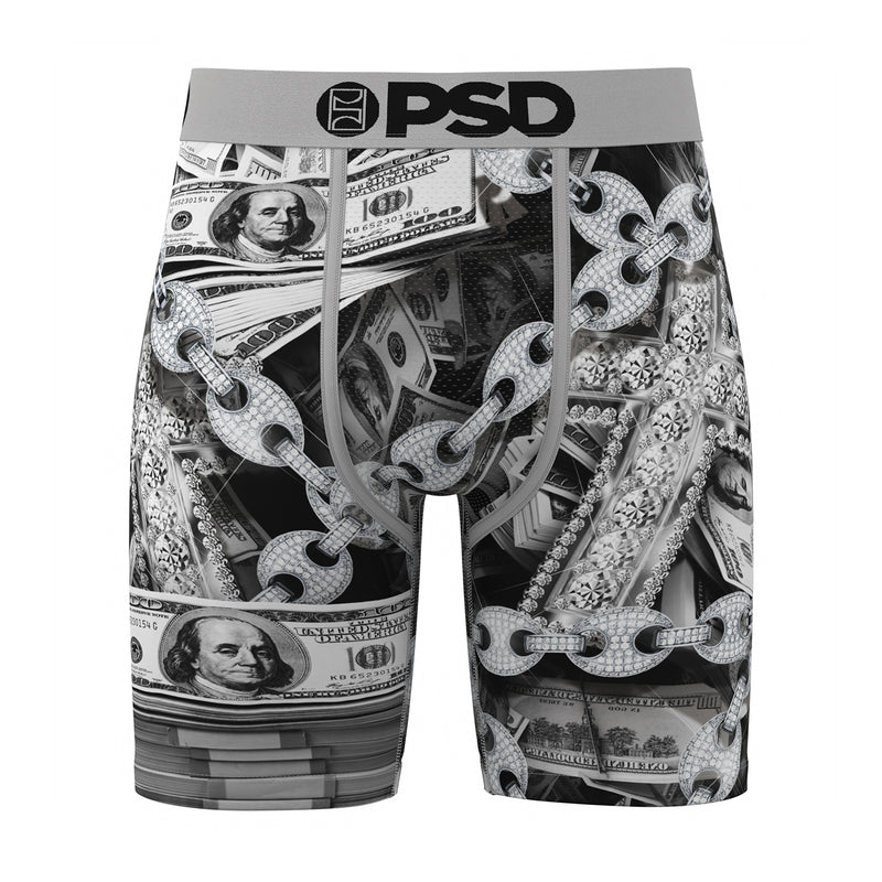 Men's black-and-silver graphic boxer briefs with dollar bills and chain pattern