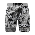 Men's black-and-silver graphic boxer briefs with dollar bills and chain pattern