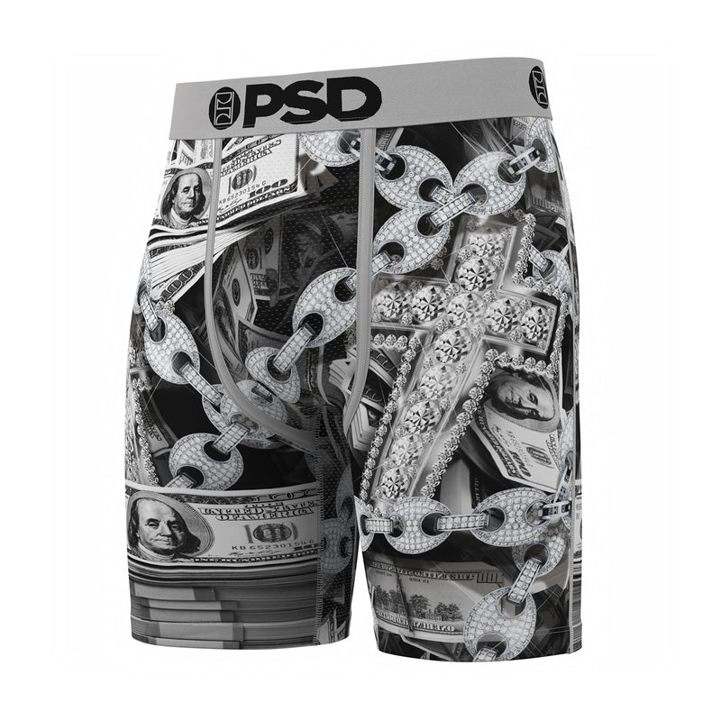 Men's black-and-silver graphic boxer briefs, dollar bill and chain print, angled view