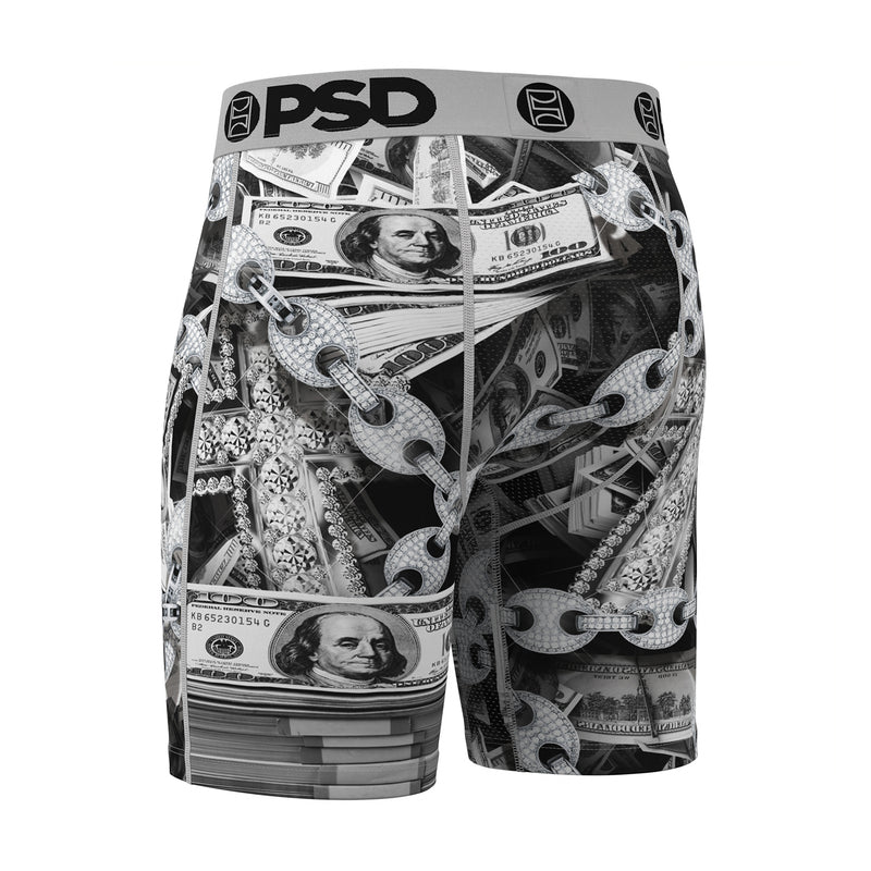 Men's black-and-silver dollar bill and chain graphic boxer briefs with waistband