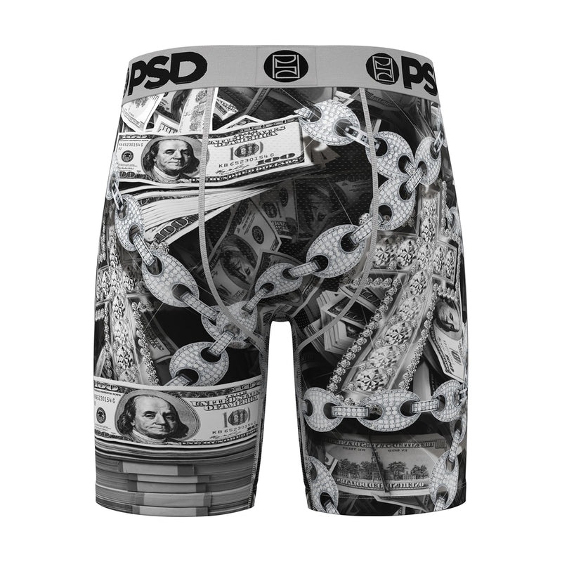 Men's black-and-silver graphic boxer briefs with bold dollar bill, chain and links print