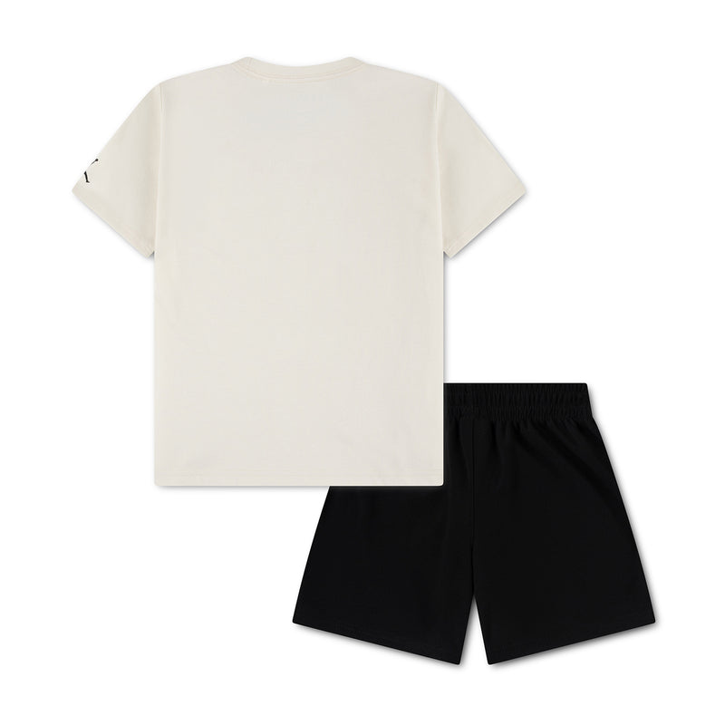 Kids logo short set: plain ivory T-shirt and black shorts