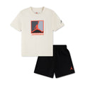Toddler two-piece short set with ivory T-shirt and black shorts, Jordan block logo.