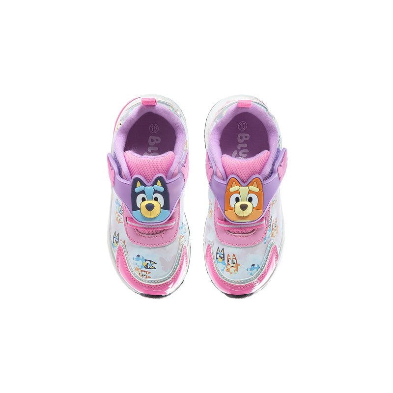 Toddler lighted athletic shoes, front view with character panels and pink edging