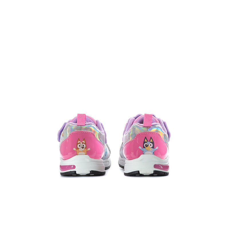 Toddler lighted athletic shoes, back view with character heel and pink pull tab