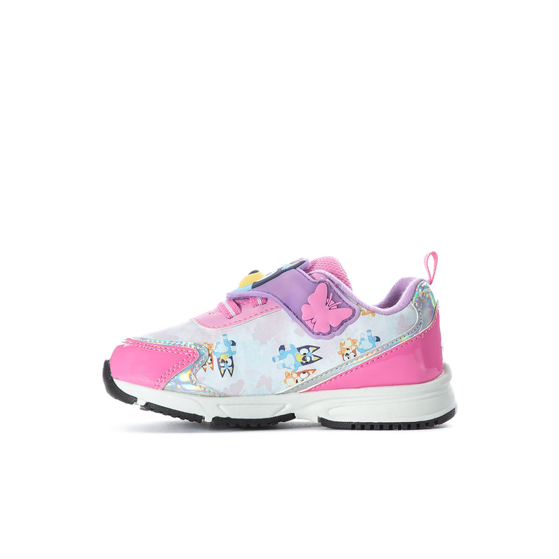 Toddler lighted athletic shoes, angled side view with colorful character artwork and pink trim