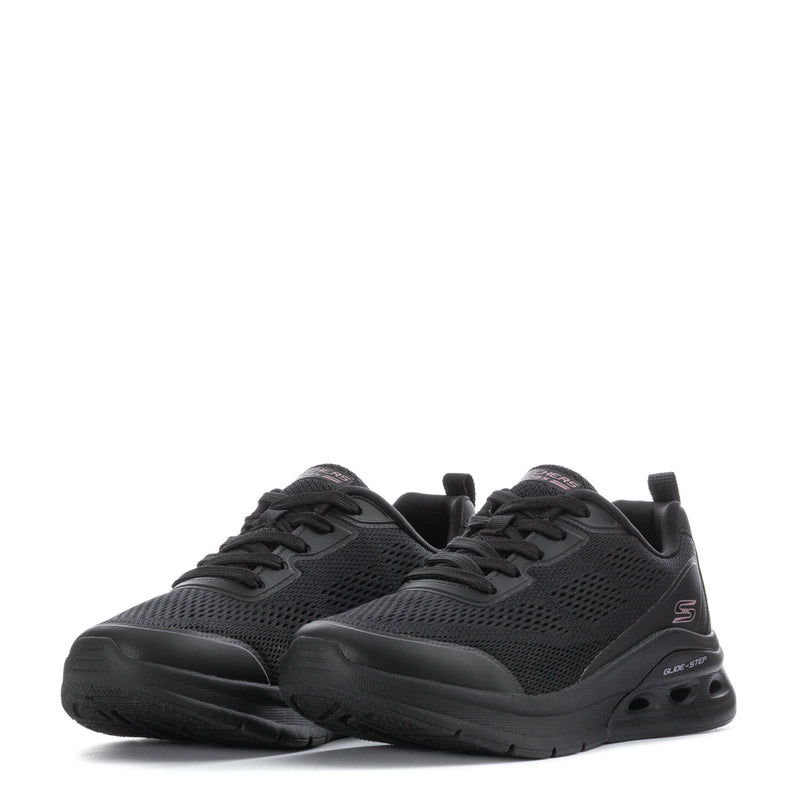Pair of women's black lace-up sneakers with textured mesh and cushioned sole