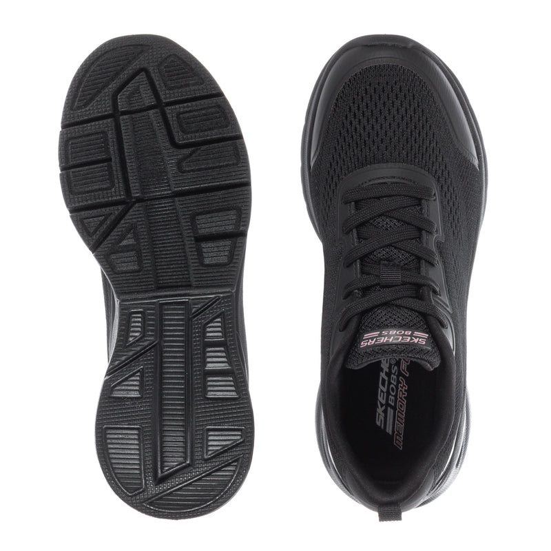 Black sneaker outsoles and toe view, textured tread and lace-up front
