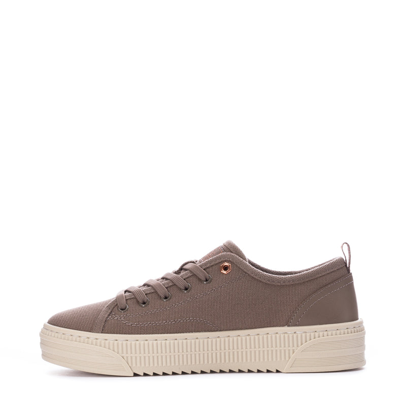 Women's taupe canvas sneakers, side view with lace-up eyelets and platform sole