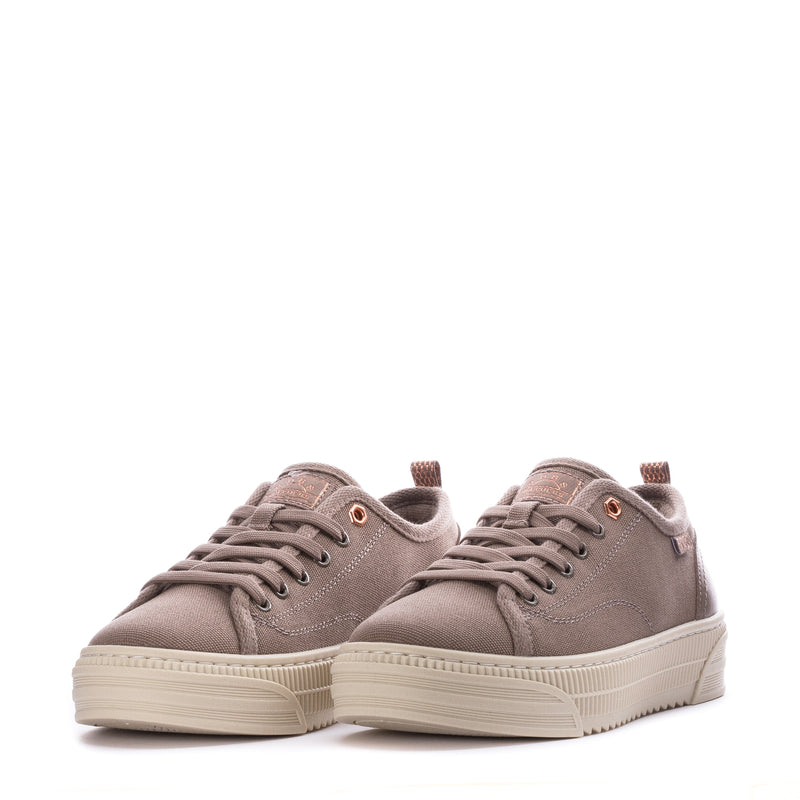 Pair of women's taupe canvas sneakers with lace-up closure and low-profile rubber sole