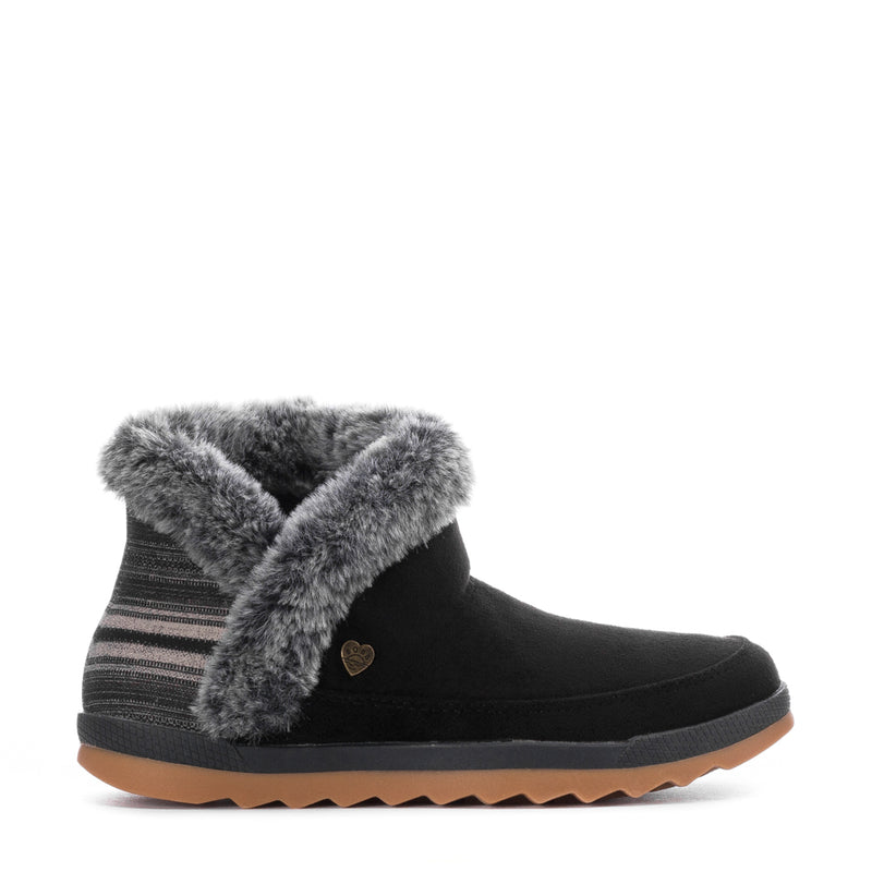 Black women's winter boots with gray faux-fur crossover collar and side logo tag