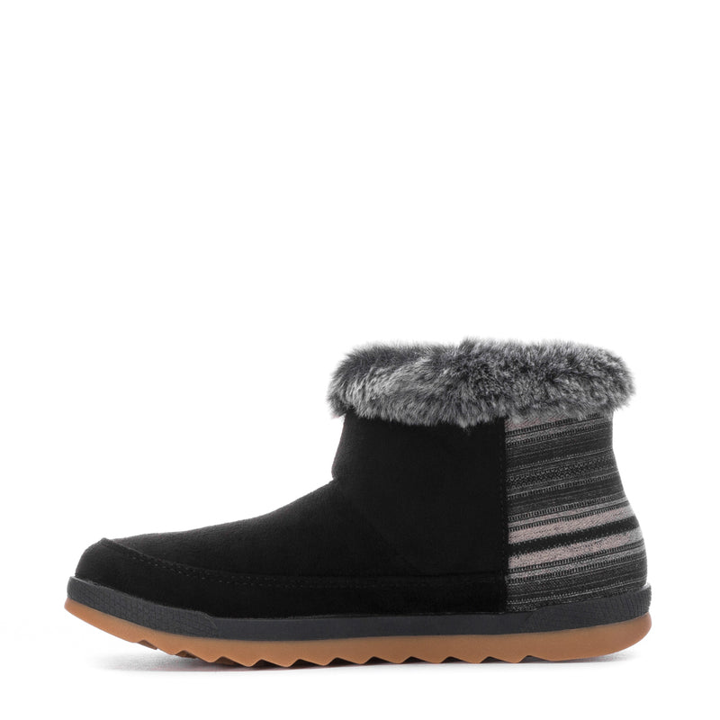 Black women's winter boots with gray faux-fur cuff and striped knit side panels