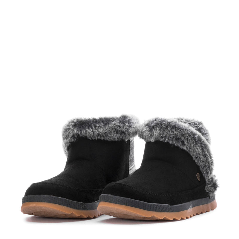 Pair of black women's winter boots with gray faux-fur tops and rugged gum soles