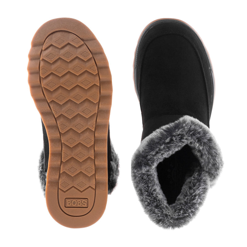 Black women's boot outsole with tread, plus gray faux-fur lined opening