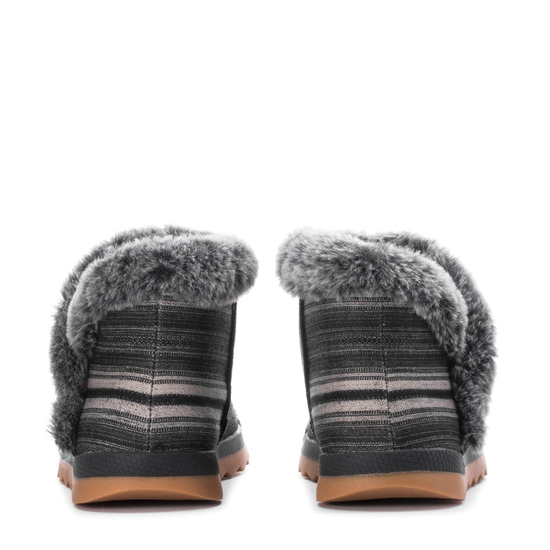 Black women's winter boots with gray faux-fur cuffs, striped knit panels, and tan heel