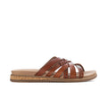 Chestnut multi-strap slide sandal with perforated leather straps and low cork-look sole