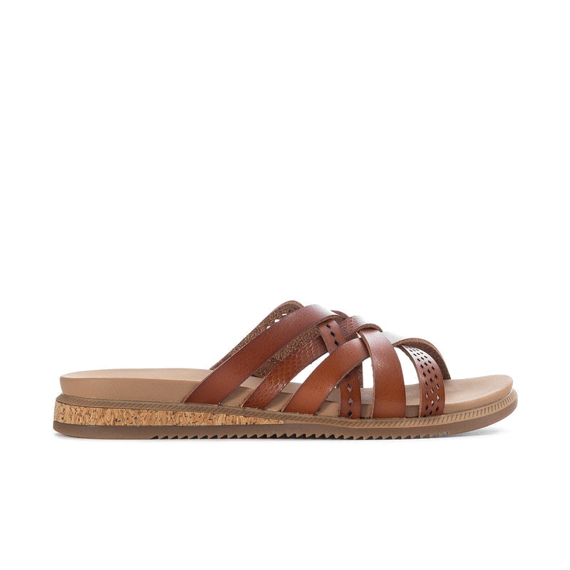 Chestnut multi-strap slide sandal with perforated leather straps and low cork-look sole