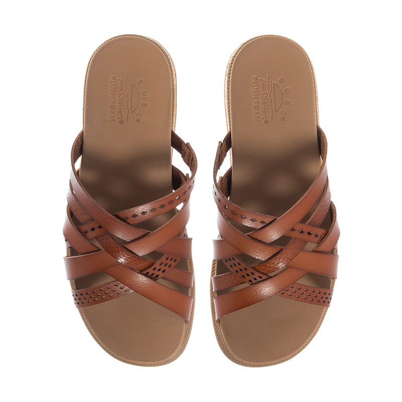 Pair of chestnut slide sandals showing padded straps with perforated cutouts