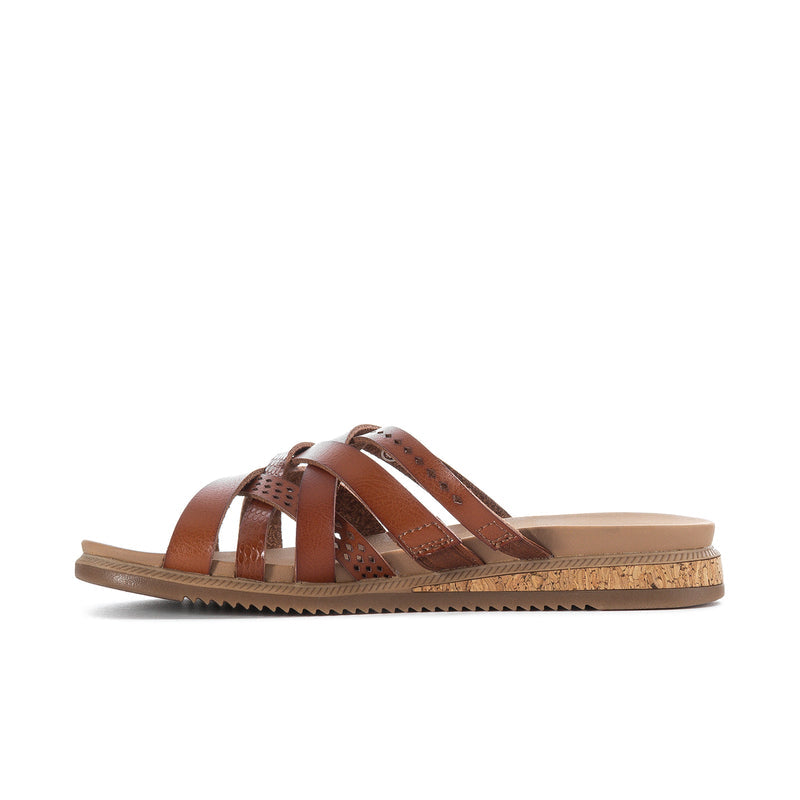 Chestnut multi-strap slide sandal with two wide straps and textured low sole