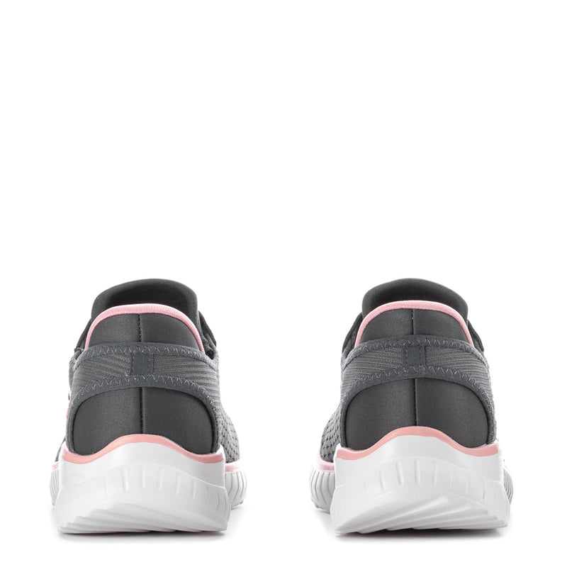 Womens grey slip-in sneakers with pink collar and white heel sole