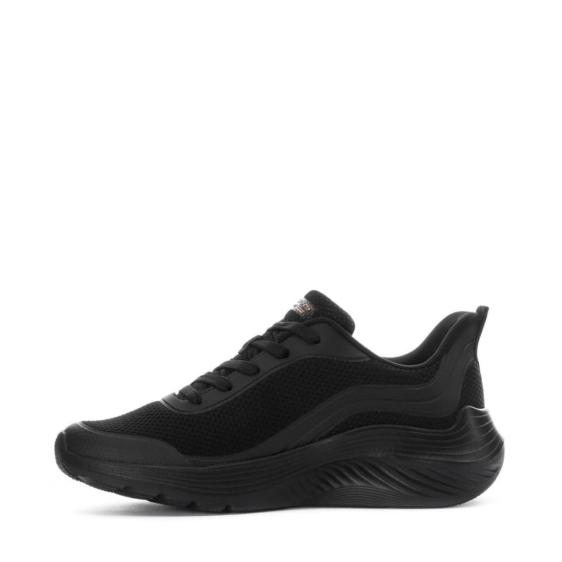 Black lace-up athletic sneaker with textured mesh upper and curved rocker sole