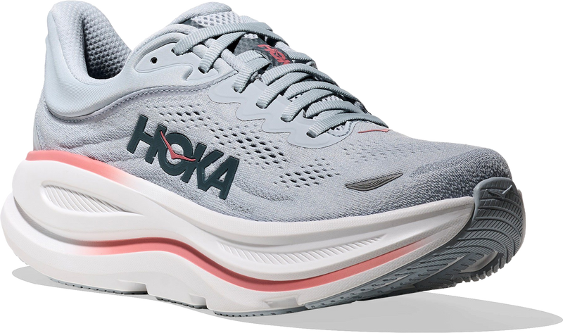 Quarter turn view Women's HOKA Footwear style name Bondi 9 Wide in color Mineral Blue/ Washed Blue. Sku: 1162014-MBLW