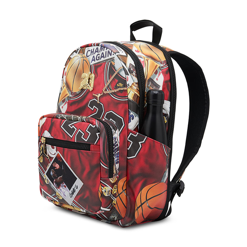 Multi-color GFX backpack shown from side with black shoulder straps and bottle pocket
