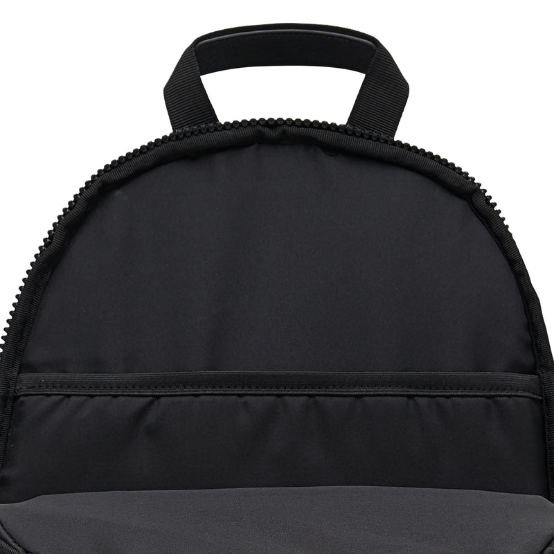 Black back panel of GFX backpack with zip-close top and padded carrying handle