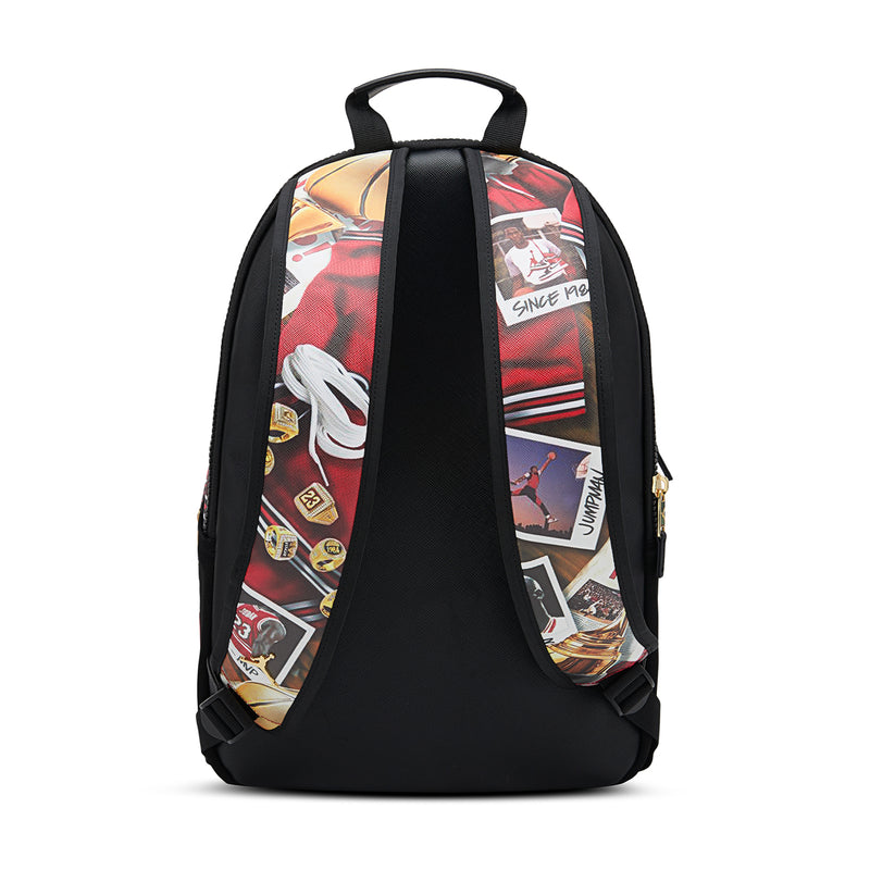 Multi-color GFX backpack with black straps and patterned side panels