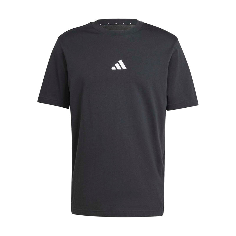 Men's black crewneck t-shirt with small white adidas logo on chest