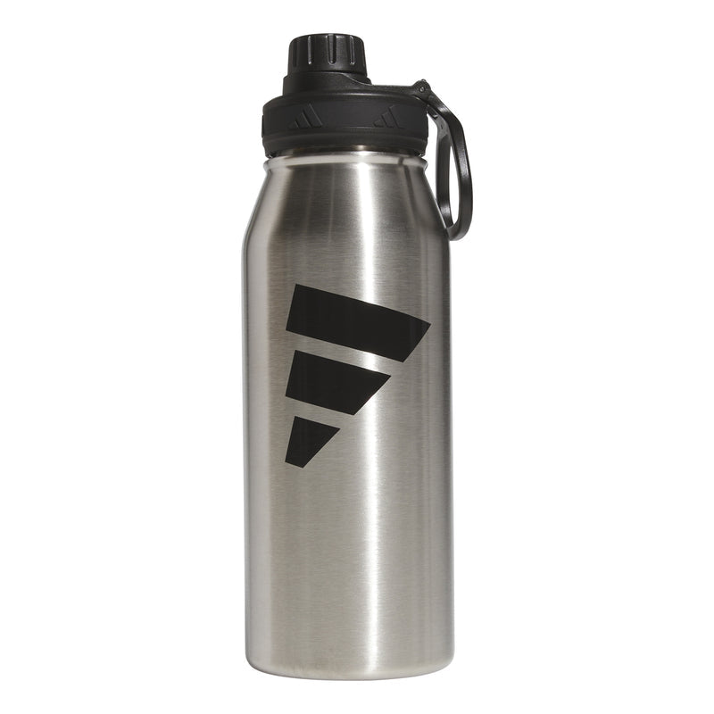 Stainless steel 1L water bottle with black flip-top lid and carry handle