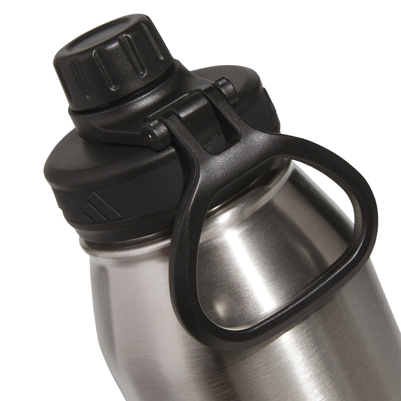 Stainless steel 1L bottle with black lid opened and loop carry handle, side view