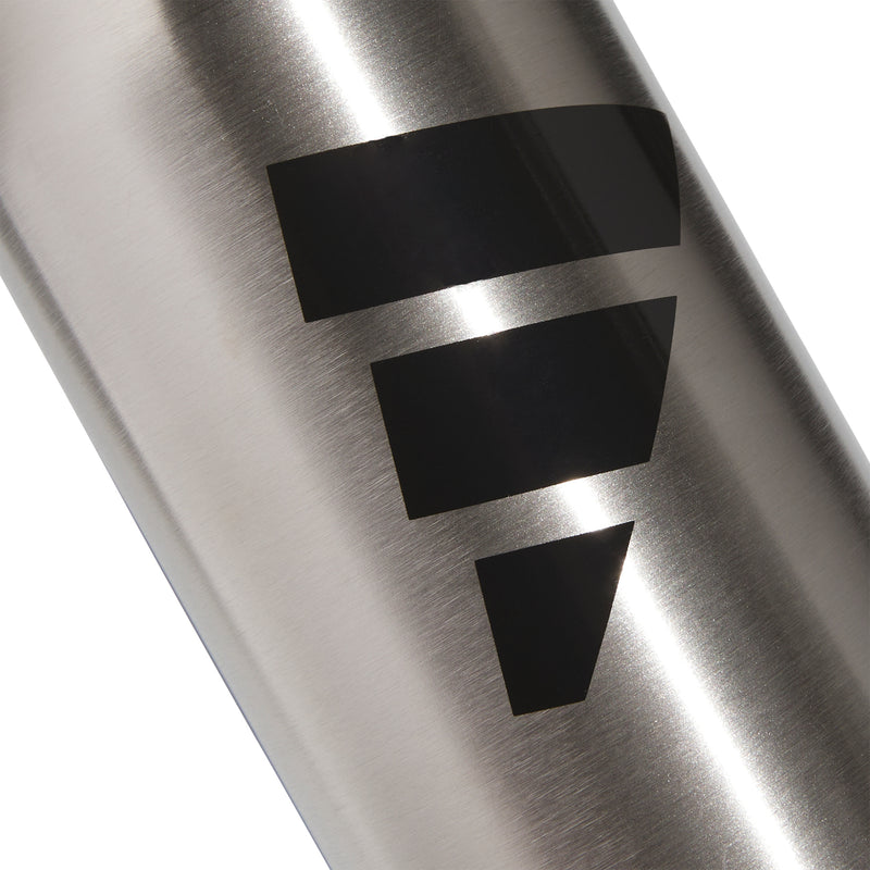 Stainless steel 1L bottle with black BOS logo on brushed metal body