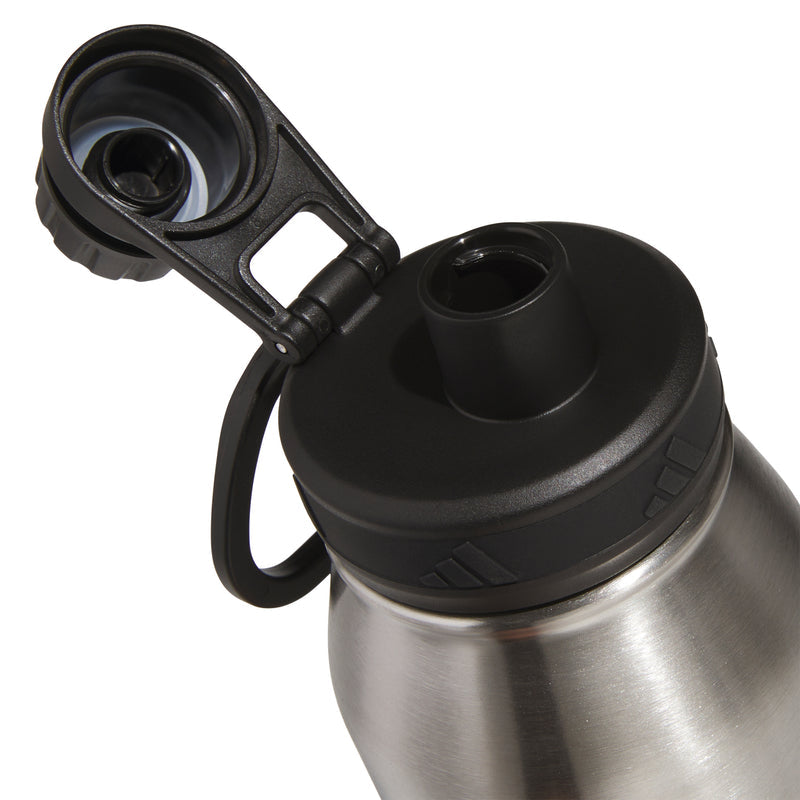 Stainless steel 1L bottle base with black spout and drinking opening, side close-up