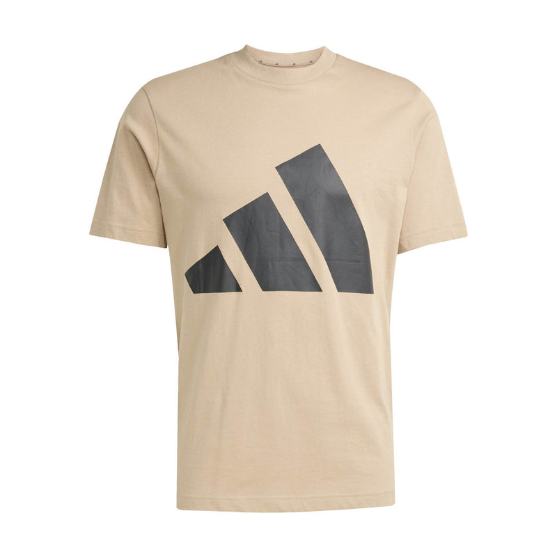 Warm sandstone men’s crew-neck T-shirt with large dark logo graphic on chest