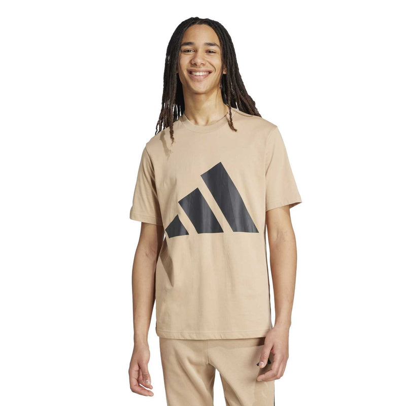 Men’s crew-neck T-shirt in warm sandstone with dark logo graphic; short sleeves