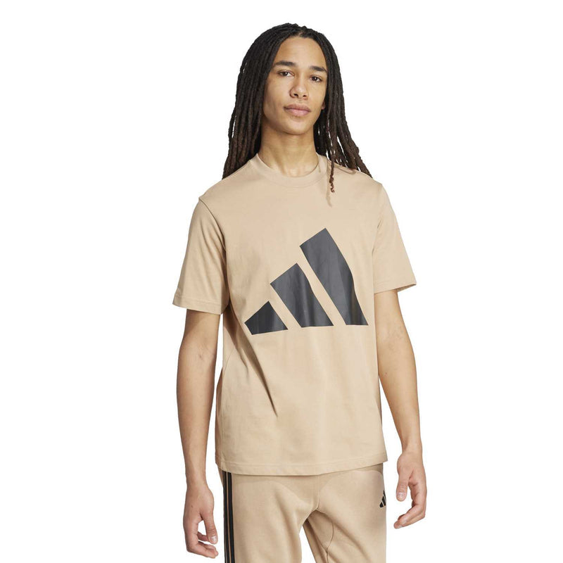 Men’s warm sandstone T-shirt with dark logo graphic; crew neck and short sleeves