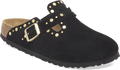 Quarter turn view Women's Birkenstock Footwear style name Boston Rivet Suede Narrow in color Black. Sku: 1030491