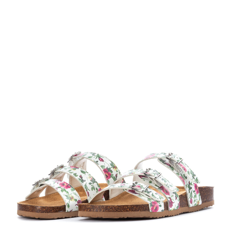 White floral slide sandal with three straps and open-toe front view