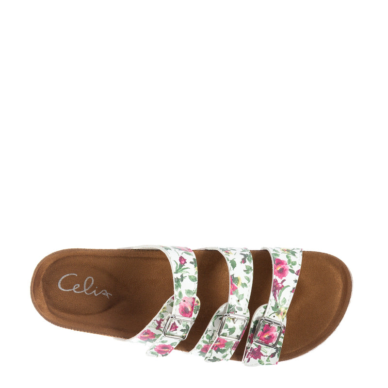 Brown insole of white floral slide sandal with partial logo print